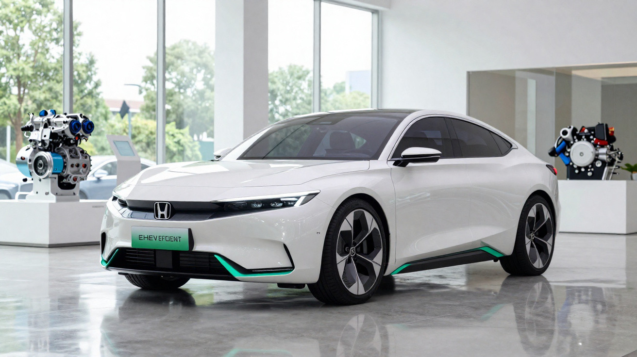Carro elétrico branco Honda em ambiente interno moderno com motores expostos ao fundo.