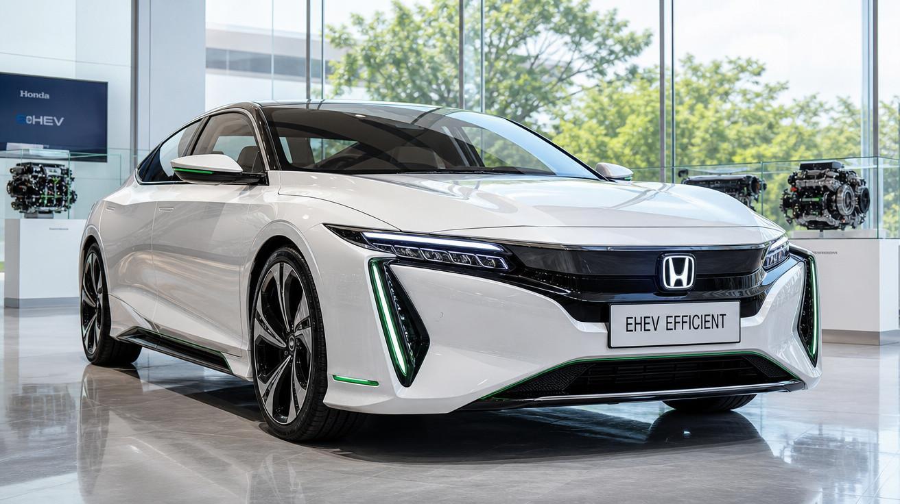 Carro branco Honda EHEV Efficient exibido em showroom moderno com iluminação natural e motores expostos ao fundo.