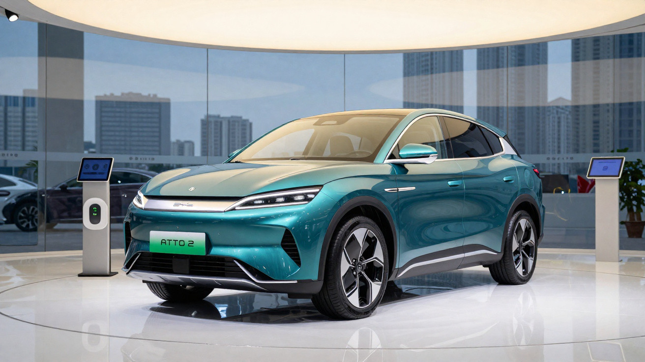 Carro elétrico azul ATTO 2 exposto em salão com grandes janelas e painéis de informação digitais.