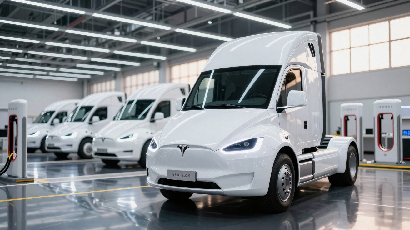 Caminhões elétricos Tesla Semi brancos estacionados em fila dentro de galpão moderno e iluminado.