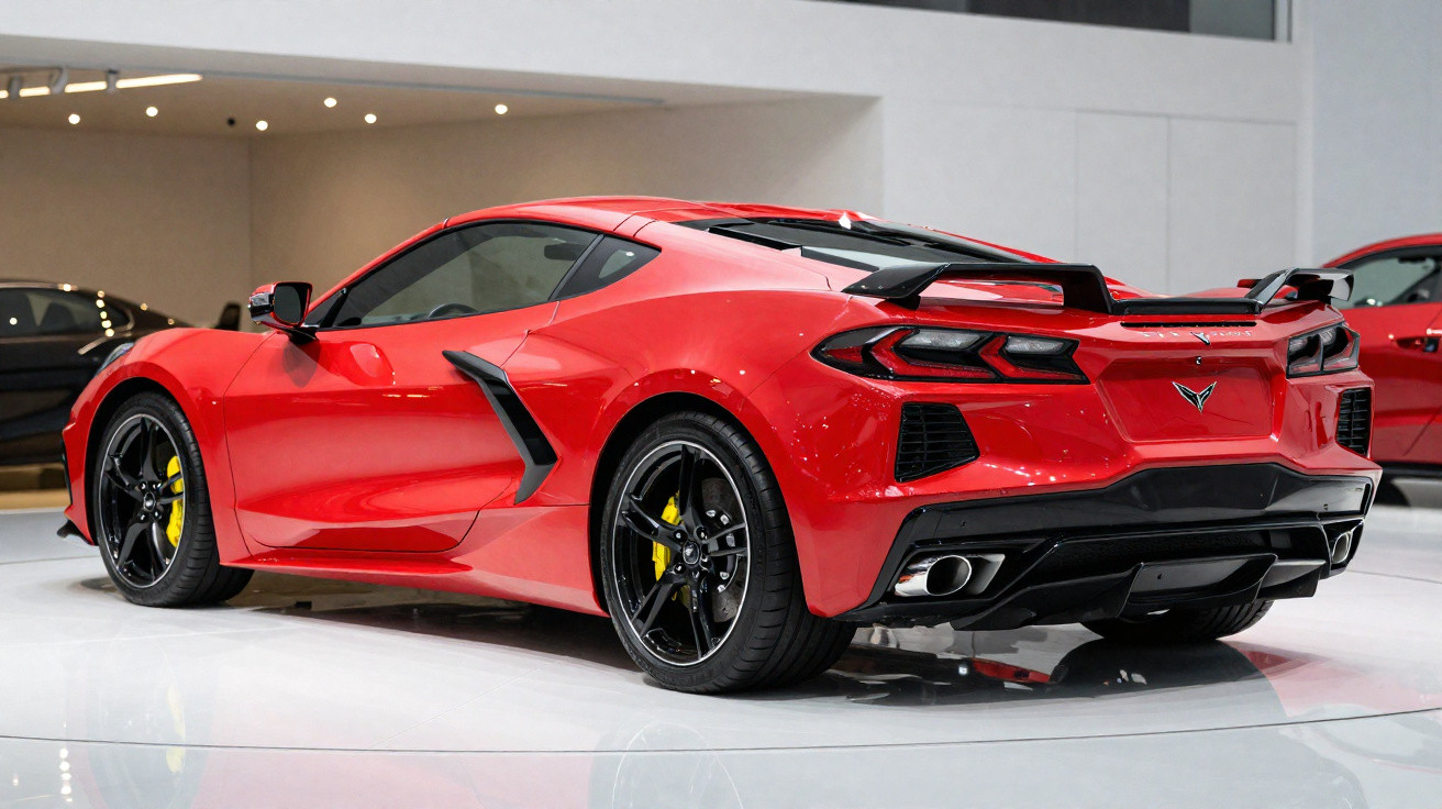 Carro esportivo vermelho com rodas pretas e freios amarelos em exposição interna brilhante.