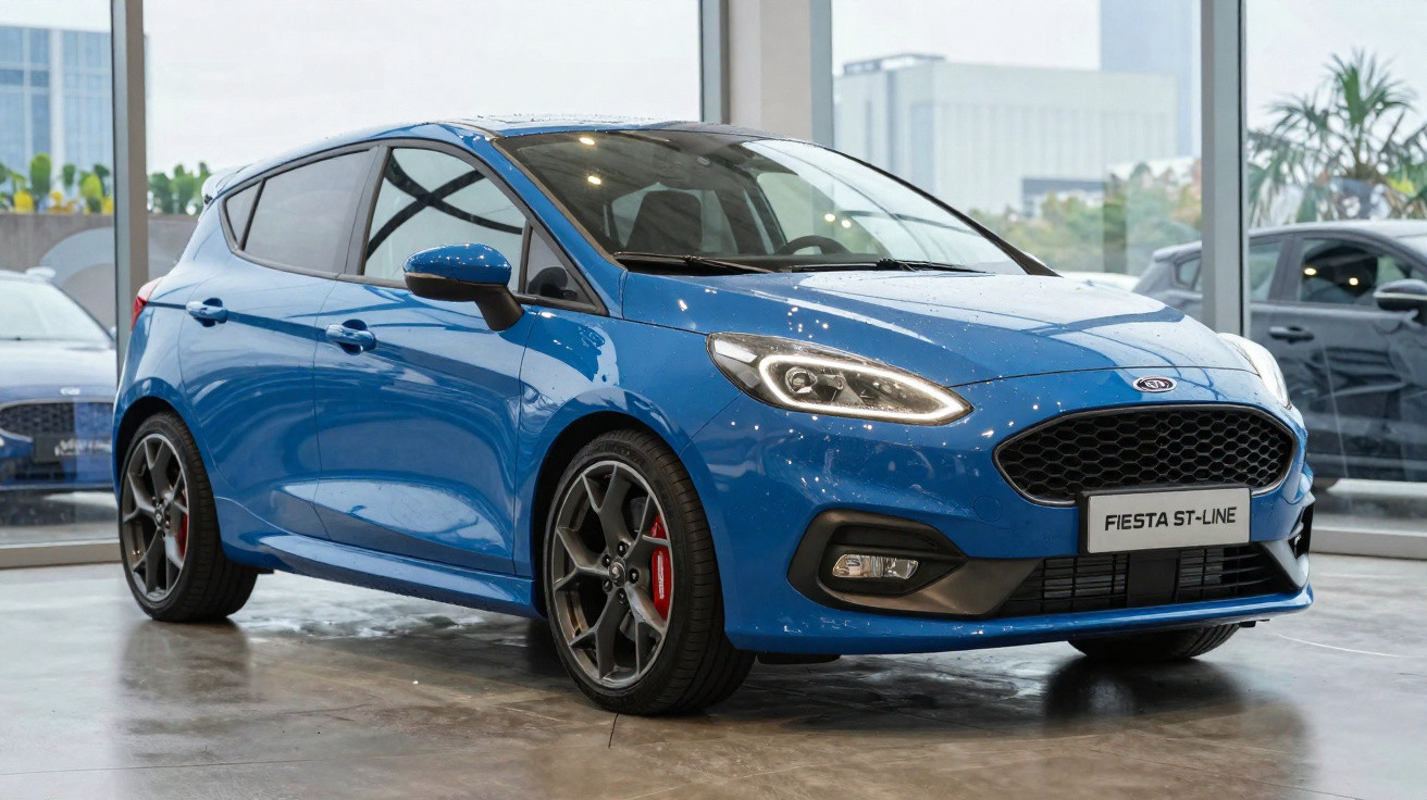 Carro hatchback azul Ford Fiesta ST-Line exposto em showroom com janelas de vidro ao fundo.