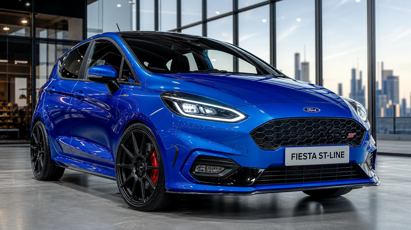Carro esportivo Ford Fiesta ST-Line azul em exposição em ambiente moderno com vidro e prédios ao fundo.
