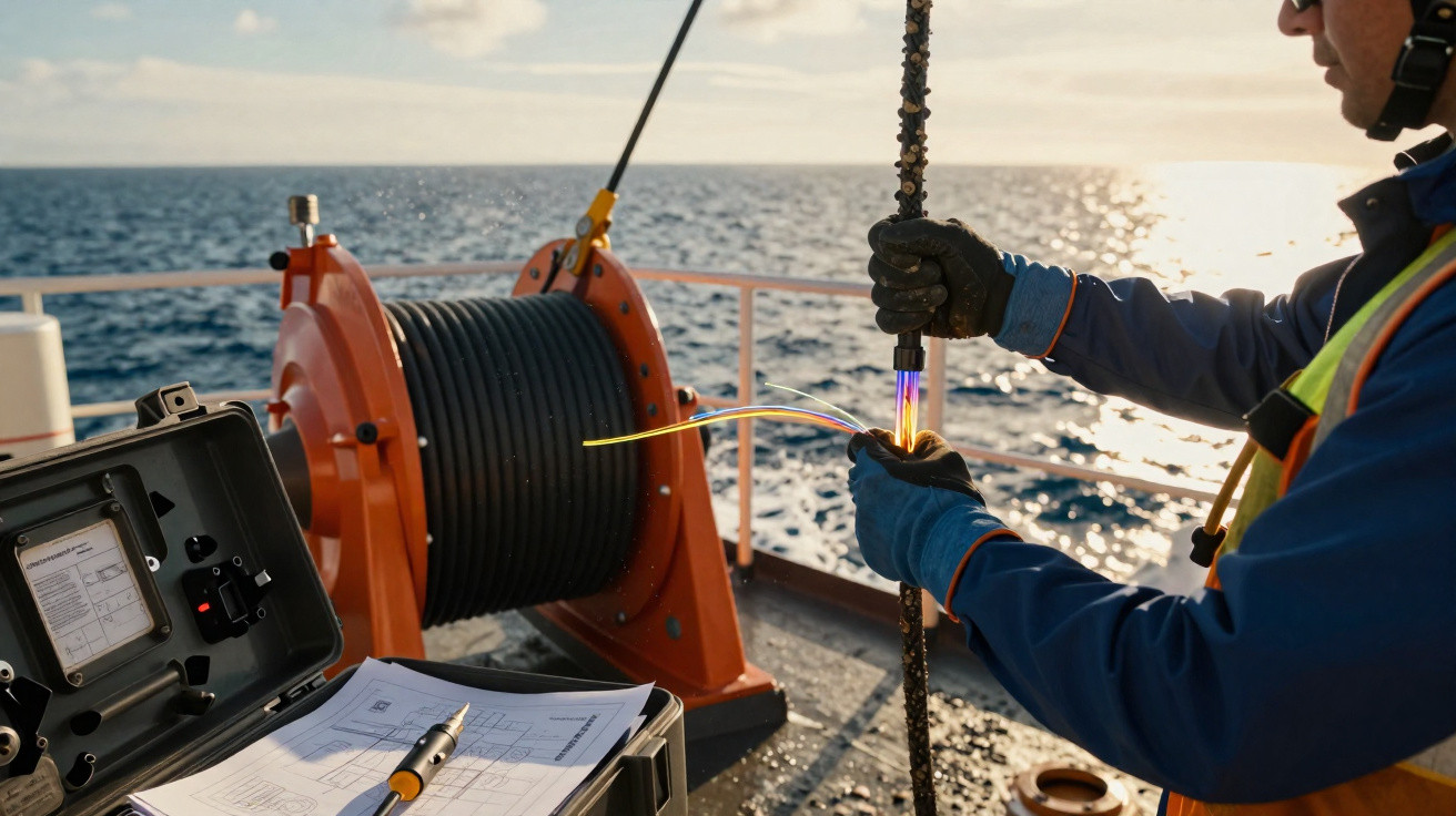 Técnico em barco analisando cabos submarinos com equipamento eletrônico próximo ao mar ao pôr do sol.