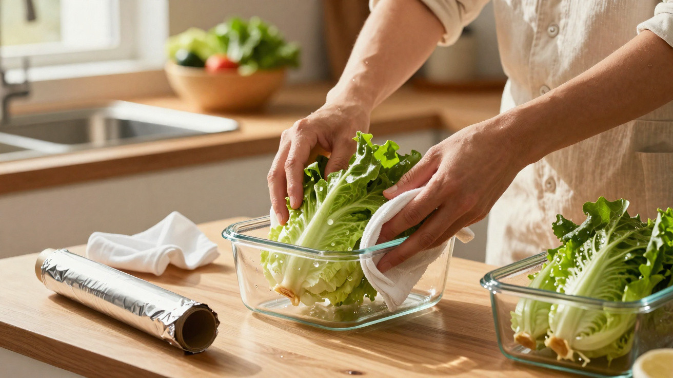 Pessoa secando alface em recipiente de vidro na cozinha com detergente e papel toalha.