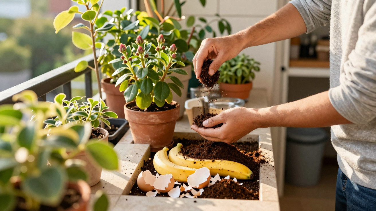 Pessoa preparando composto orgânico com cascas de ovos, banana e terra em vasos de plantas na varanda.