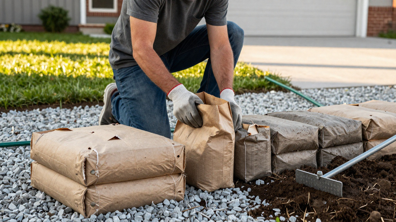 Homem agachado organizando sacos de adubo ao lado de solo preparado para jardinagem em quintal.