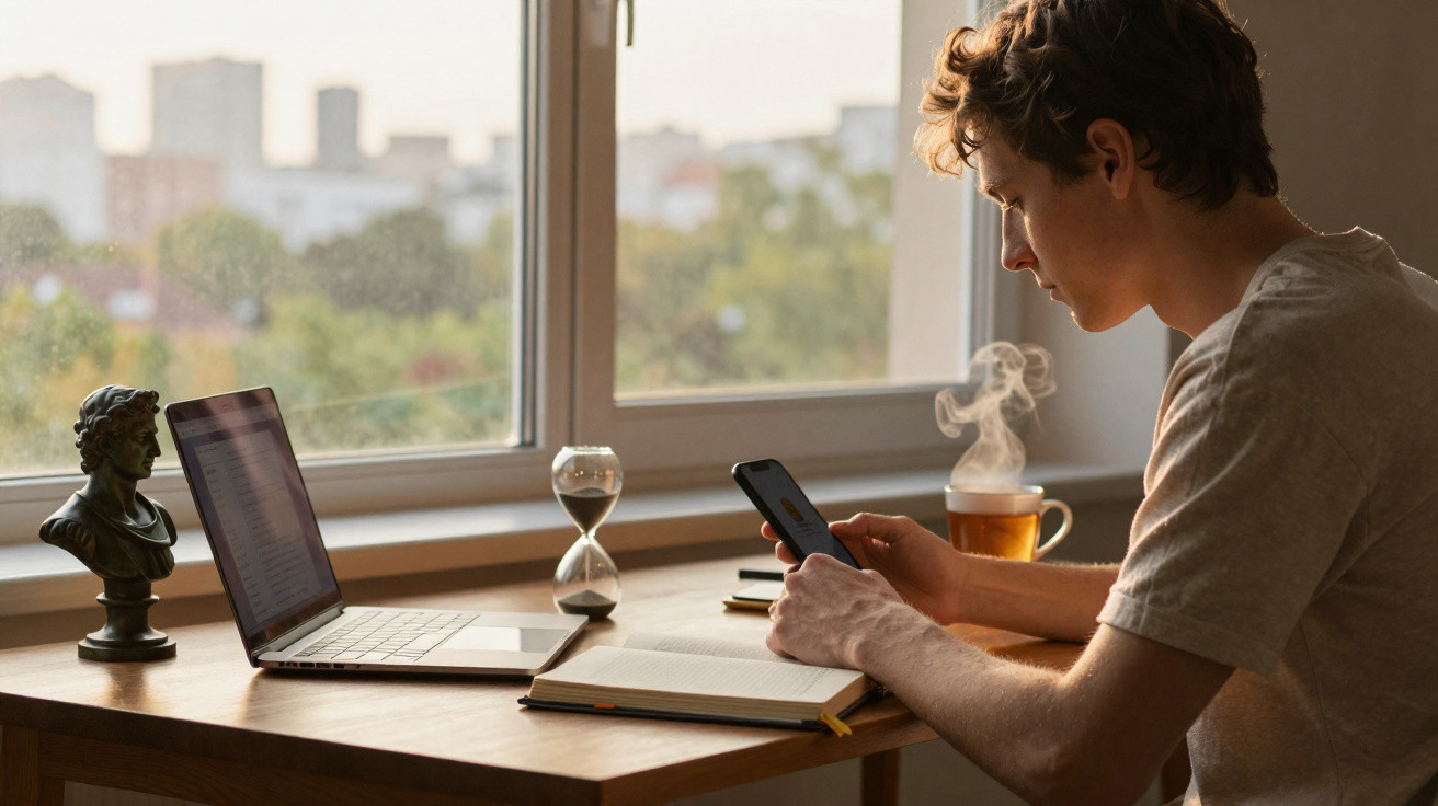 Homem sentado à mesa com laptop, celular, caderno, ampulheta e xícara de chá quente perto da janela.