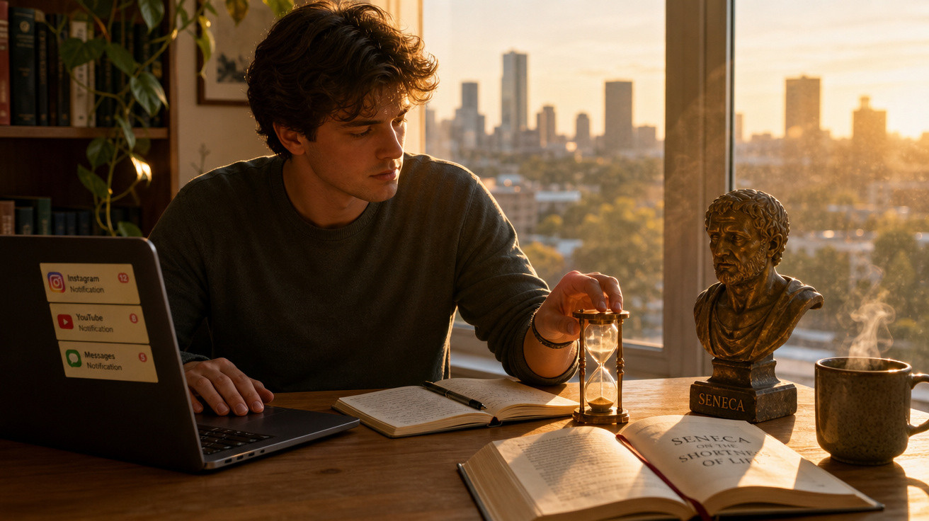 Jovem observando ampulheta em mesa com laptop, livros, busto de Sêneca e caneca ao pôr do sol.