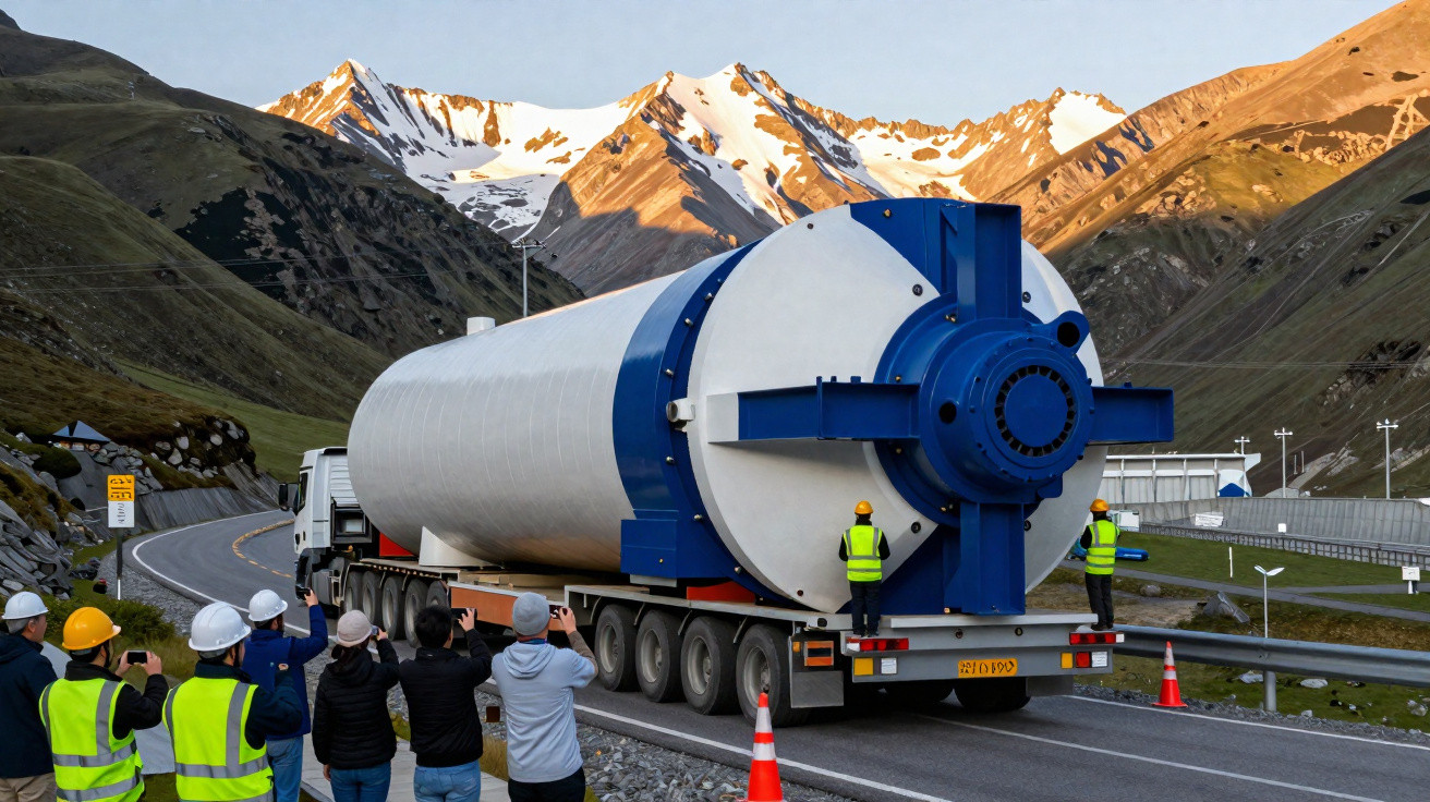 Estudo mostra transporte de equipamento cilíndrico grande por caminhão em estrada montanhosa com pessoas observando.