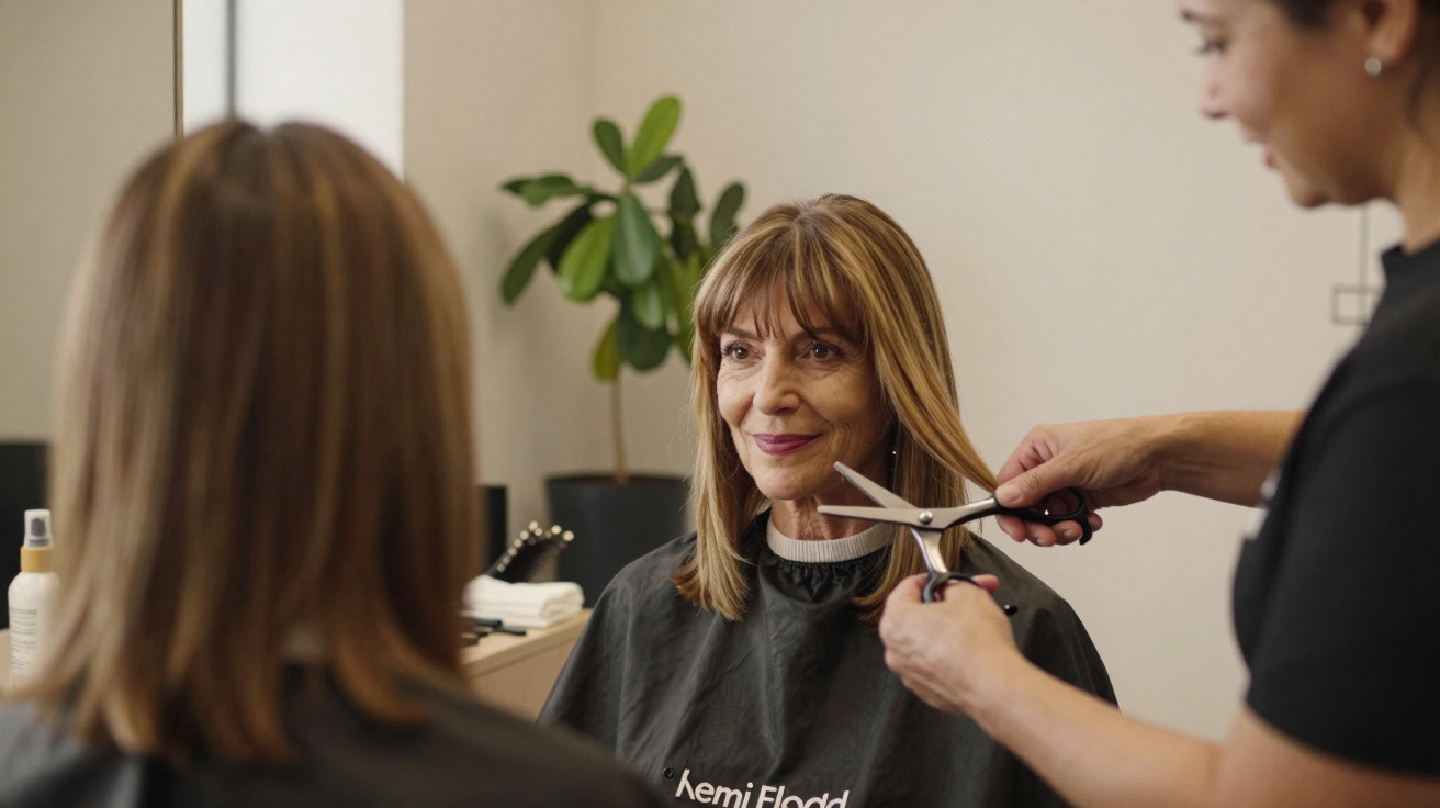 Mulher sorrindo sentada em salão de beleza enquanto cabeleireira corta seu cabelo com tesoura.