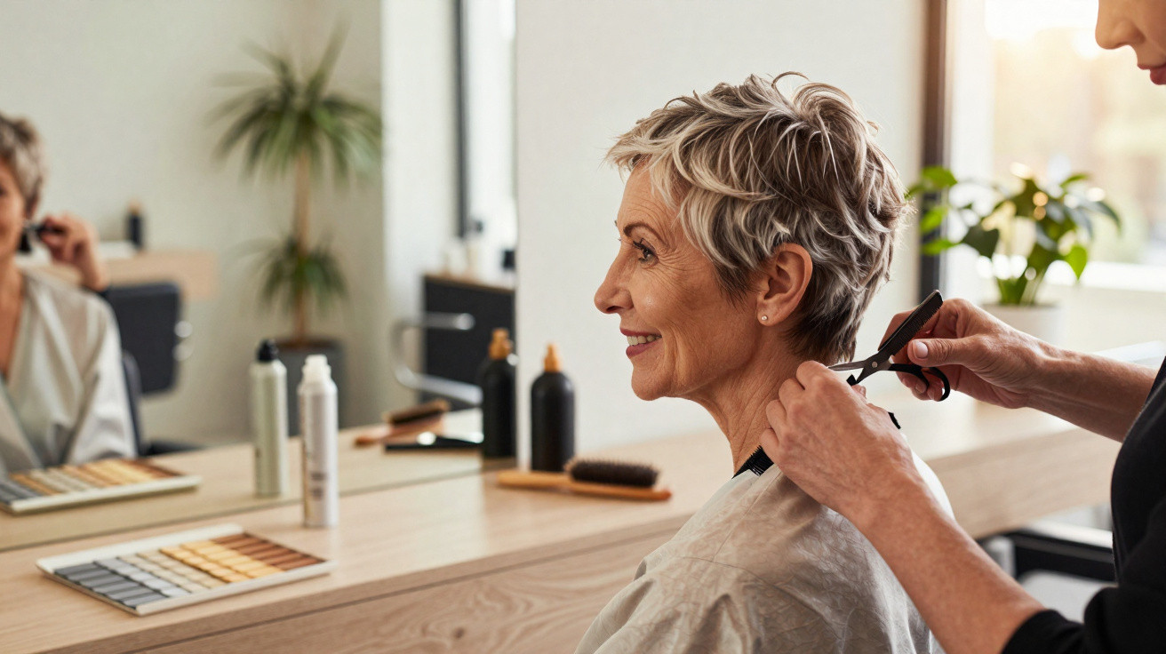 Mulher sorrindo enquanto recebe corte de cabelo em salão, com produtos e espelho ao fundo.