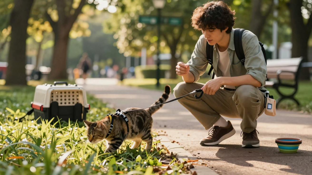 Pessoa agachada com gato preso em coleira, em parque ensolarado com caixa de transporte e potes.