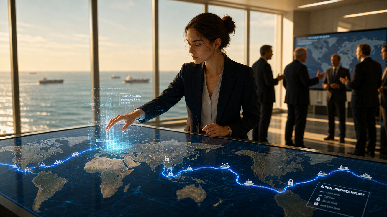Mulher interage com mapa digital holográfico da rota global de ferrovia submarina em sala com outras pessoas.