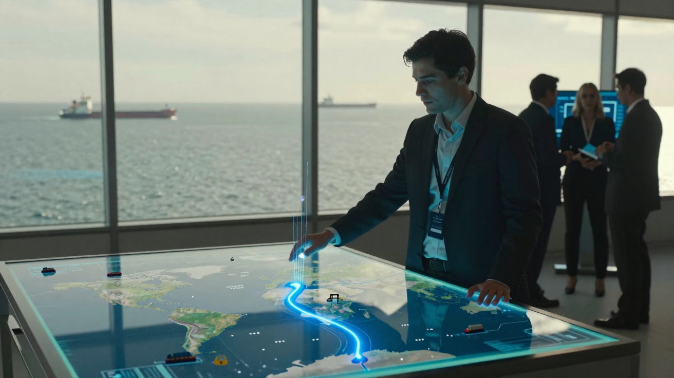 Homem interage com mesa digital exibindo mapa e rota marítima em ambiente corporativo com vista para o mar.