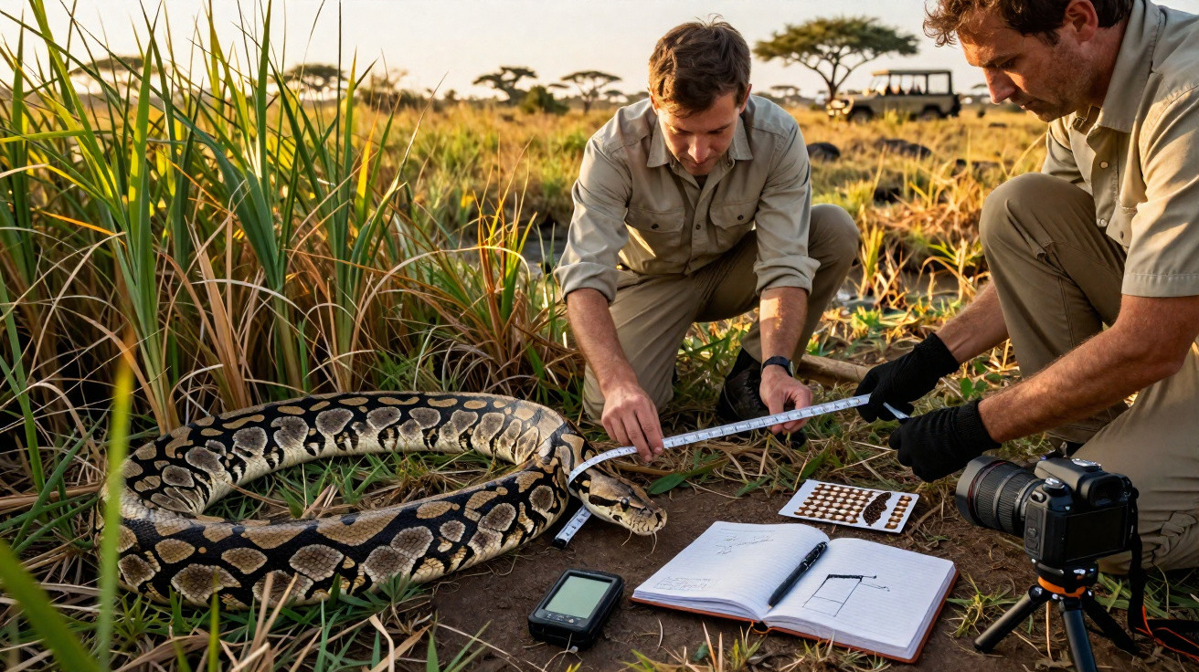 Dois biólogos medindo e estudando uma grande píton na savana durante o entardecer.
