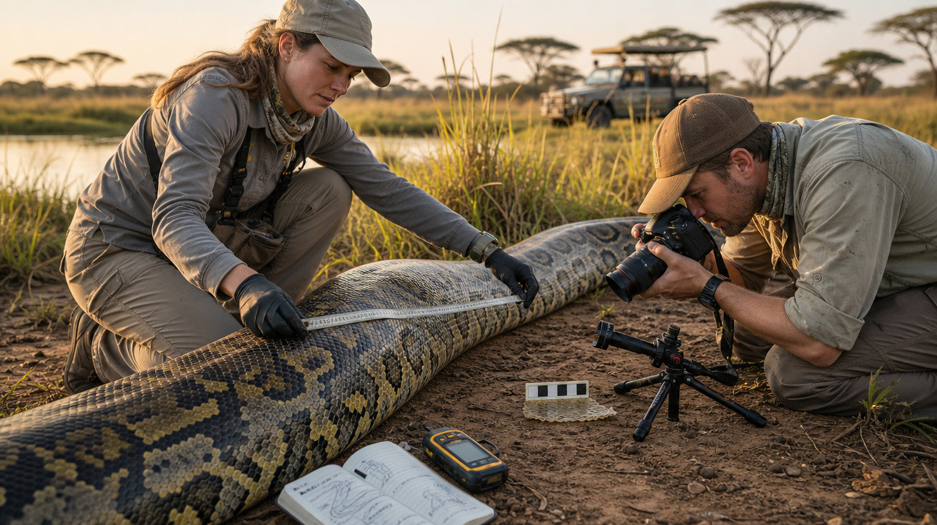 Duas pessoas medindo e fotografando uma grande píton na savana com jeep ao fundo.