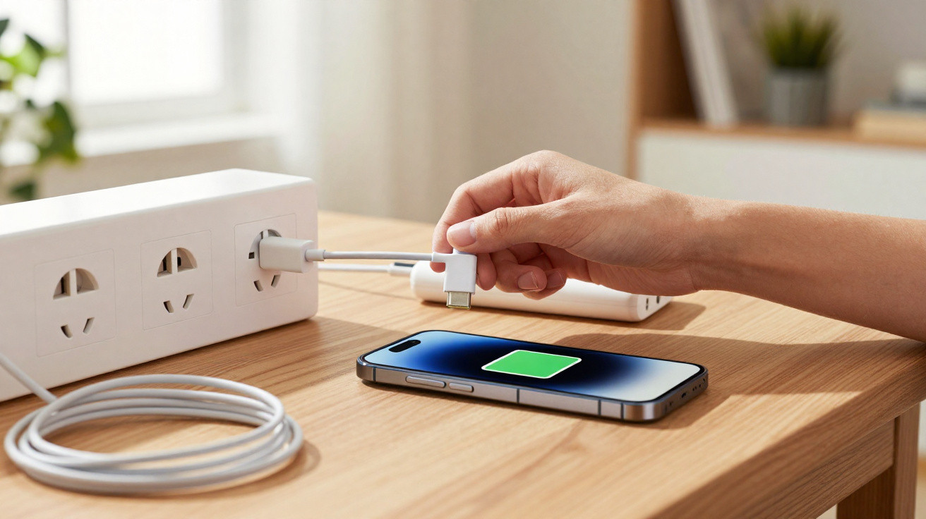 Mão conectando cabo USB-C em extensão elétrica com celular carregando na mesa de madeira.