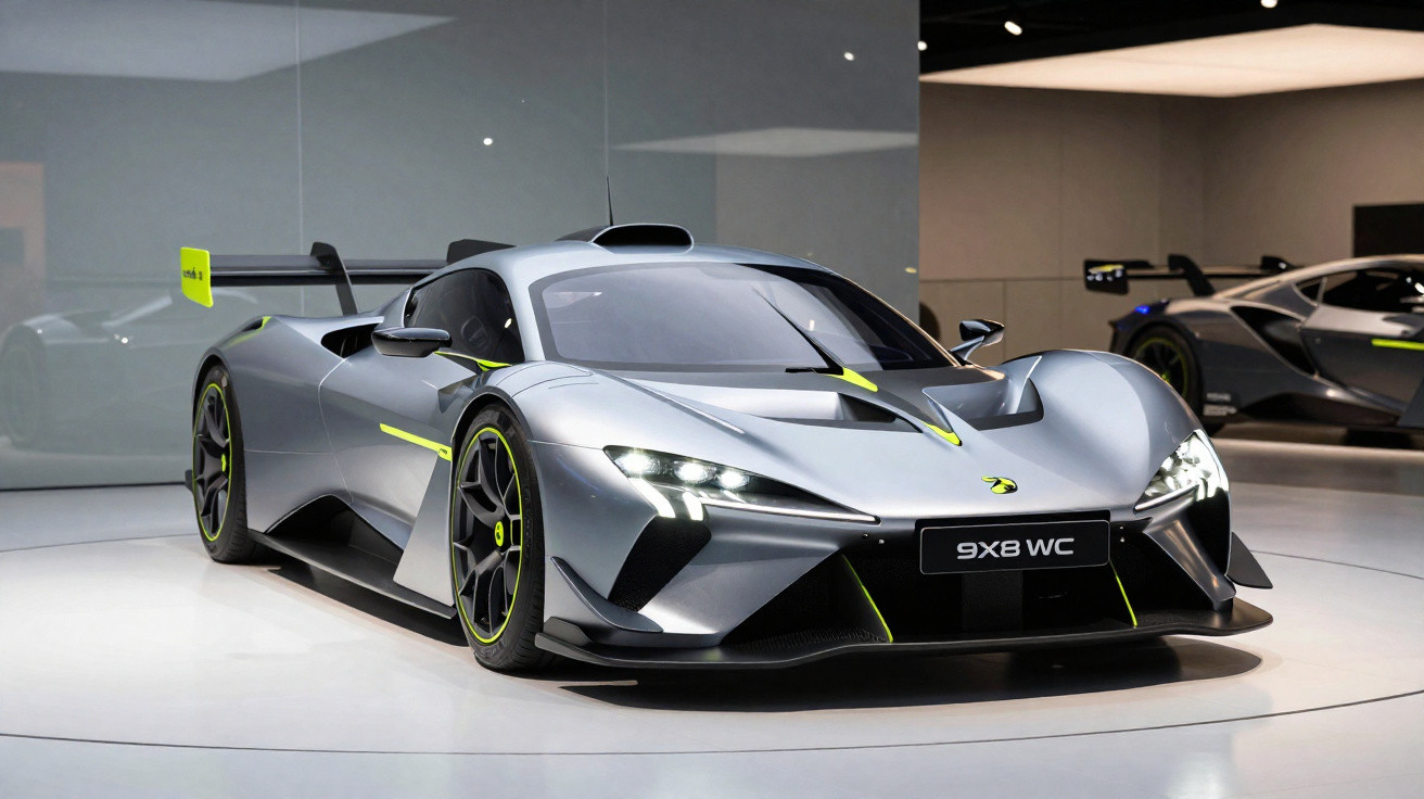 Carro esportivo cinza prata McLaren 9X8 WC com detalhes amarelos em exposição interna.