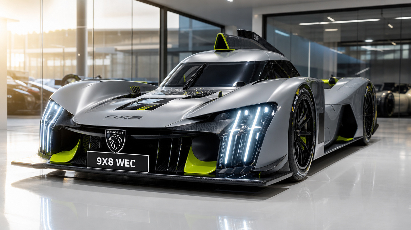 Carro de corrida Peugeot 9X8 WEC cinza com detalhes em verde em ambiente interno iluminado.