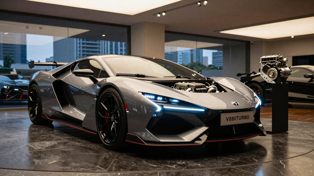 Carro esportivo prata com motor exposto na frente em showroom moderno com grandes janelas e outros veículos.