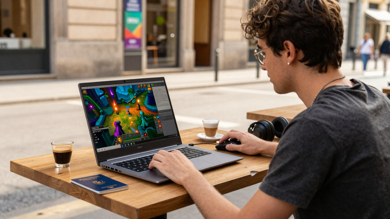 Pessoa jogando RPG digital em laptop em mesa de café ao ar livre, com bebidas e fones de ouvido.