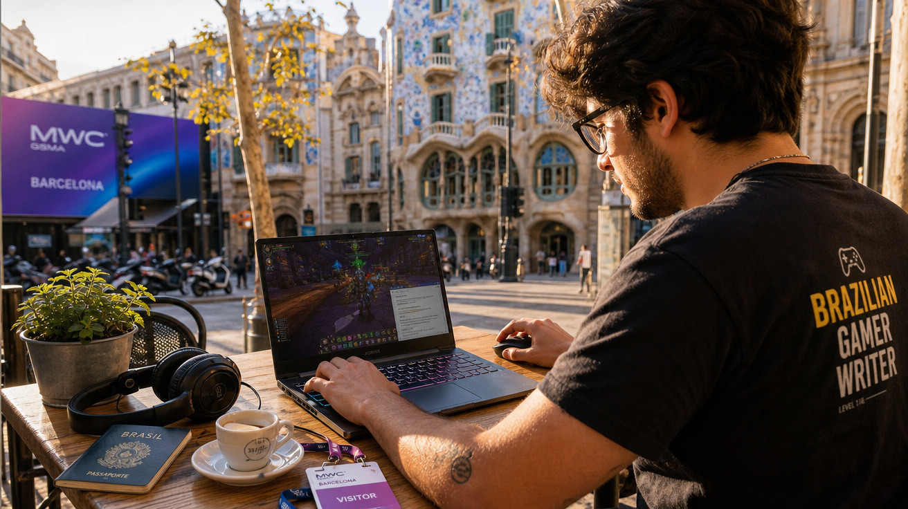 Homem usando óculos trabalha em laptop em café ao ar livre com crachá e passaporte do Brasil na mesa.