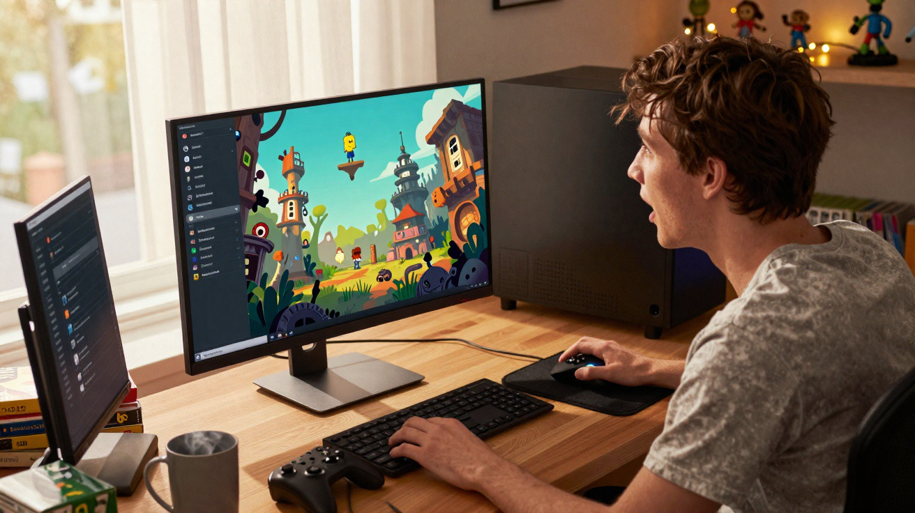 Jovem sentado em mesa jogando videogame em monitor grande, com outro monitor e itens de escritório ao redor.