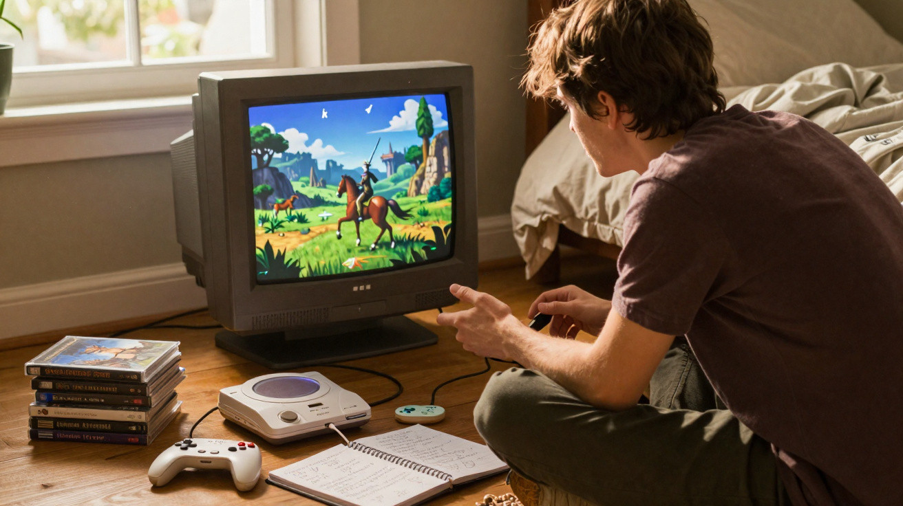 Jovem joga videogame retrô em TV CRT no quarto, com controle e jogos ao redor no chão de madeira.