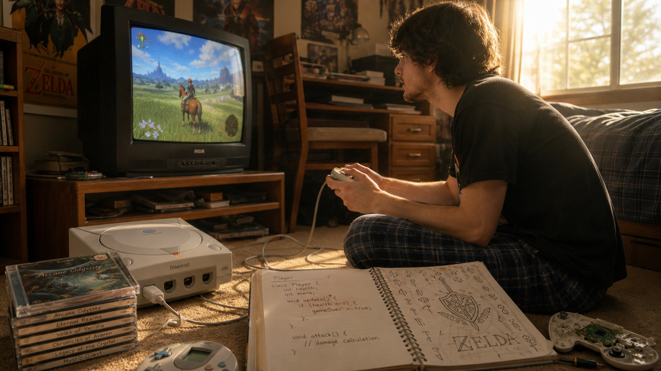 Jovem sentado no chão jogando videogame clássico com caderno de anotações do game Zelda ao lado.