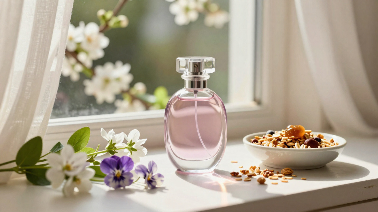 Frasco de perfume rosa, flores brancas e roxas e pote com castanhas sobre o parapeito de janela ensolarado.