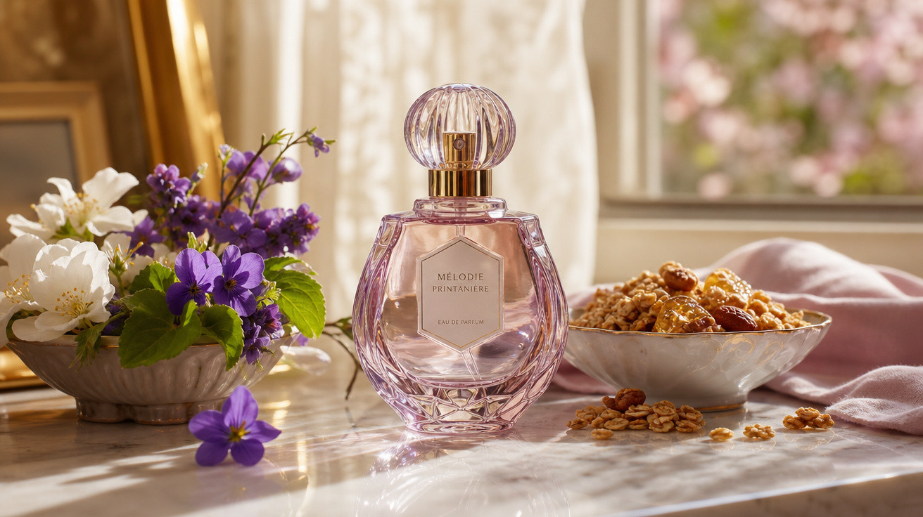 Frasco de perfume rosa ao lado de flores roxas e brancas e uma tigela com granola sobre mesa de mármore.