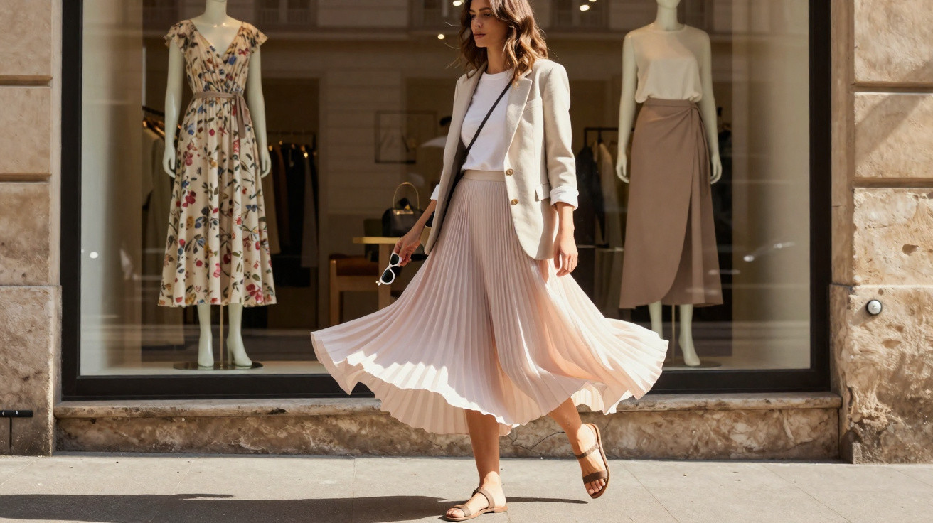 Mulher de saia plissada e blazer caminhando em frente a vitrine de loja com manequins vestidos.
