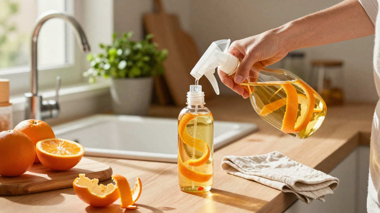 Mão despejando líquido amarelo com cascas de laranja em borrifador transparente na cozinha.