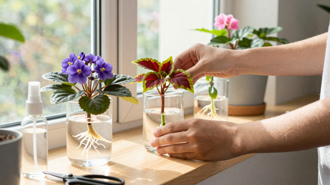 Mãos cuidando de plantas em vidros com água em um peitoril de janela iluminado pela luz natural.