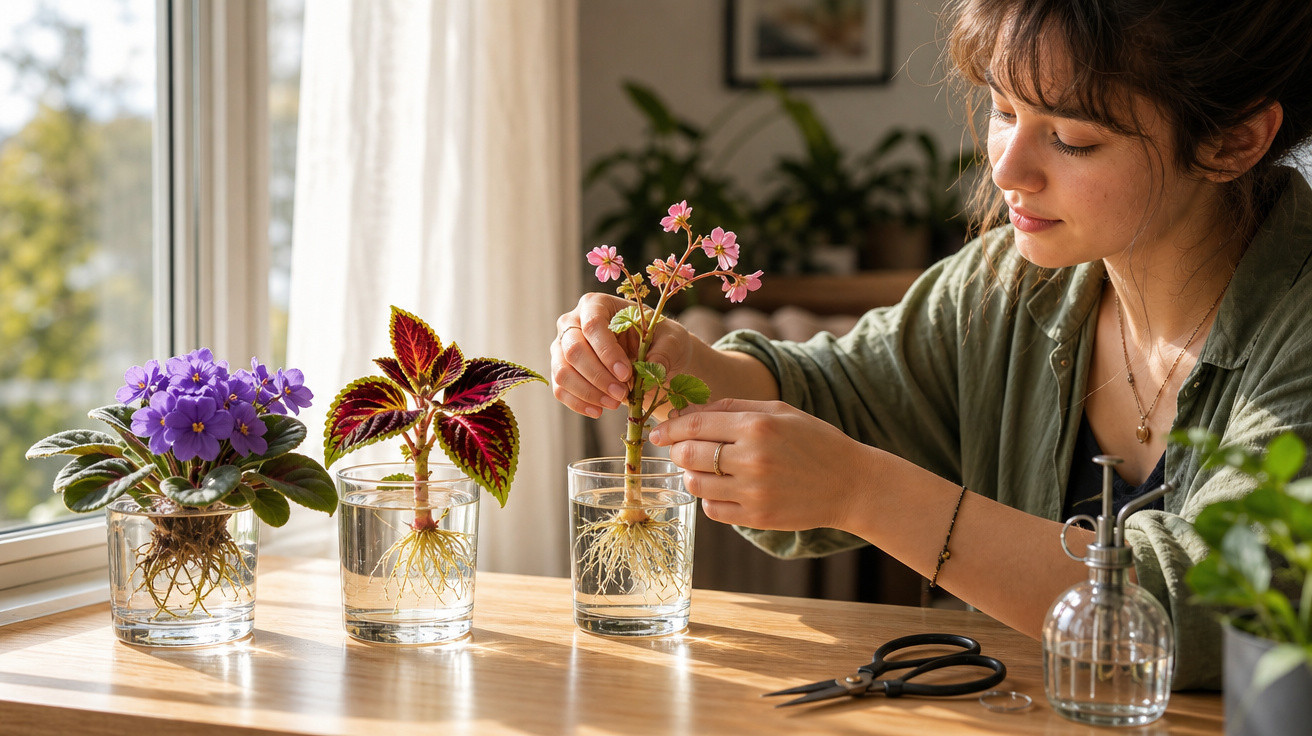 Mulher cuidando de plantas com flores em copos com água sobre mesa perto da janela iluminada.