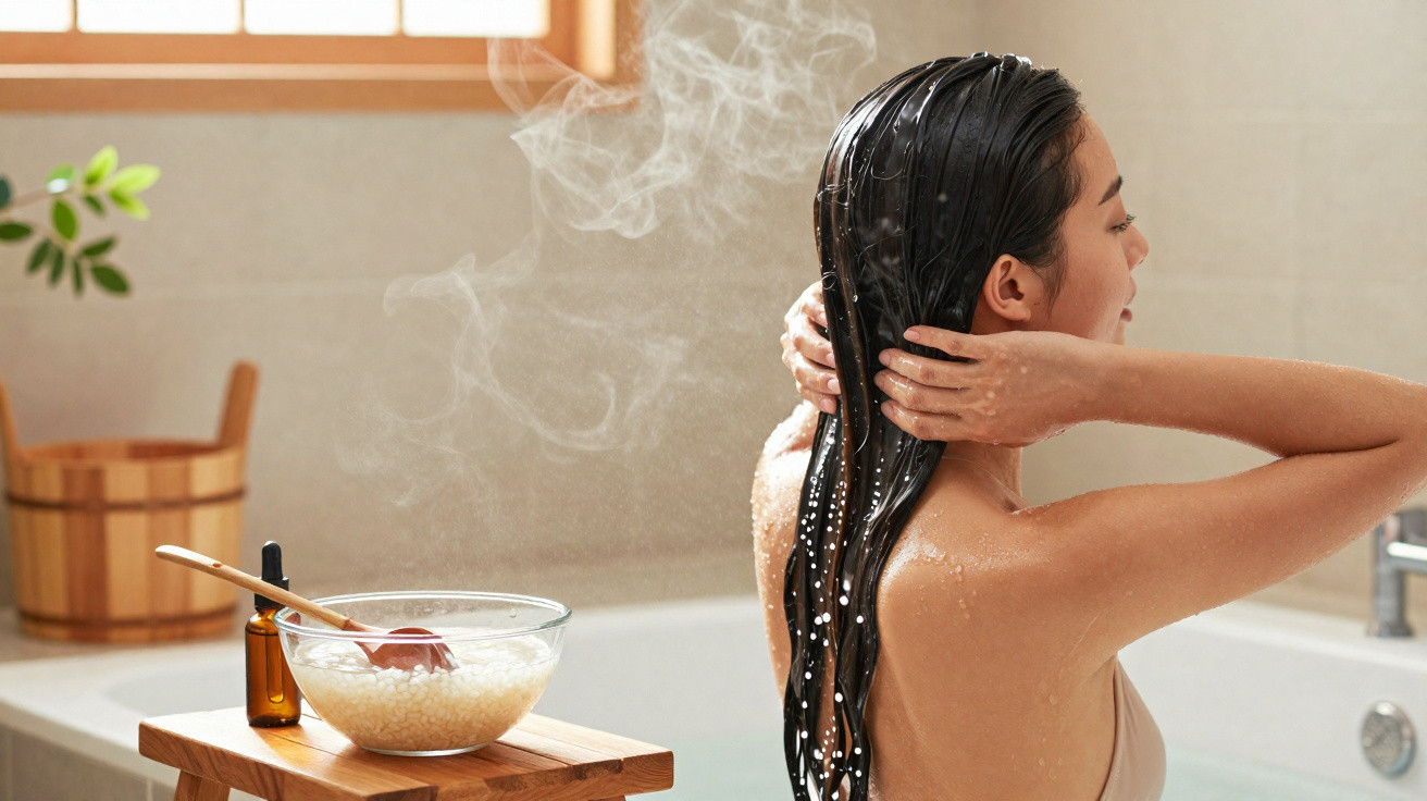 Mulher aplicando máscara capilar em salão de banho com vapor e produtos naturais ao lado.