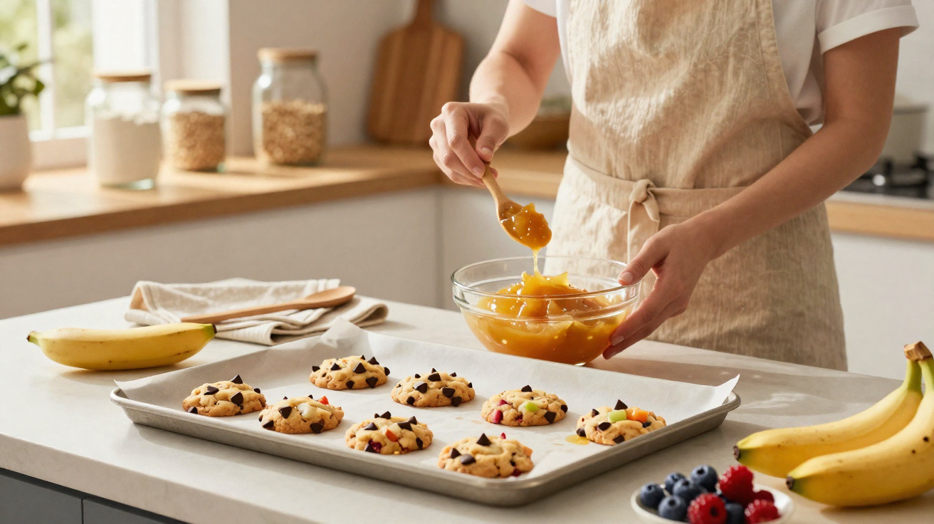 Pessoa preparando cookies com gotas de chocolate em forno caseiro, envolvendo frutas e ingredientes frescos na bancada.