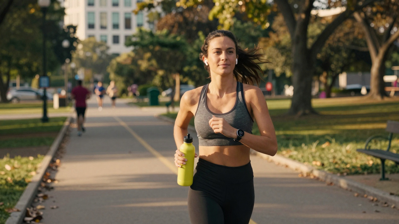 Mulher correndo em parque urbano ao ar livre segurando garrafa amarela e usando roupas esportivas.
