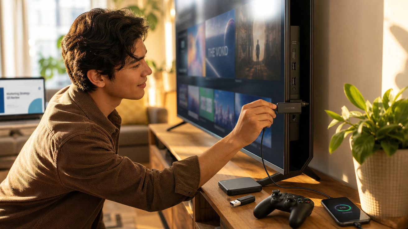 Homem conectando dispositivo USB em televisão enquanto joga videogame em sala iluminada.