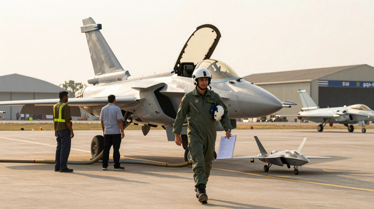 Piloto militar caminhando na pista perto de jatos de combate estacionados em aeroporto militar.