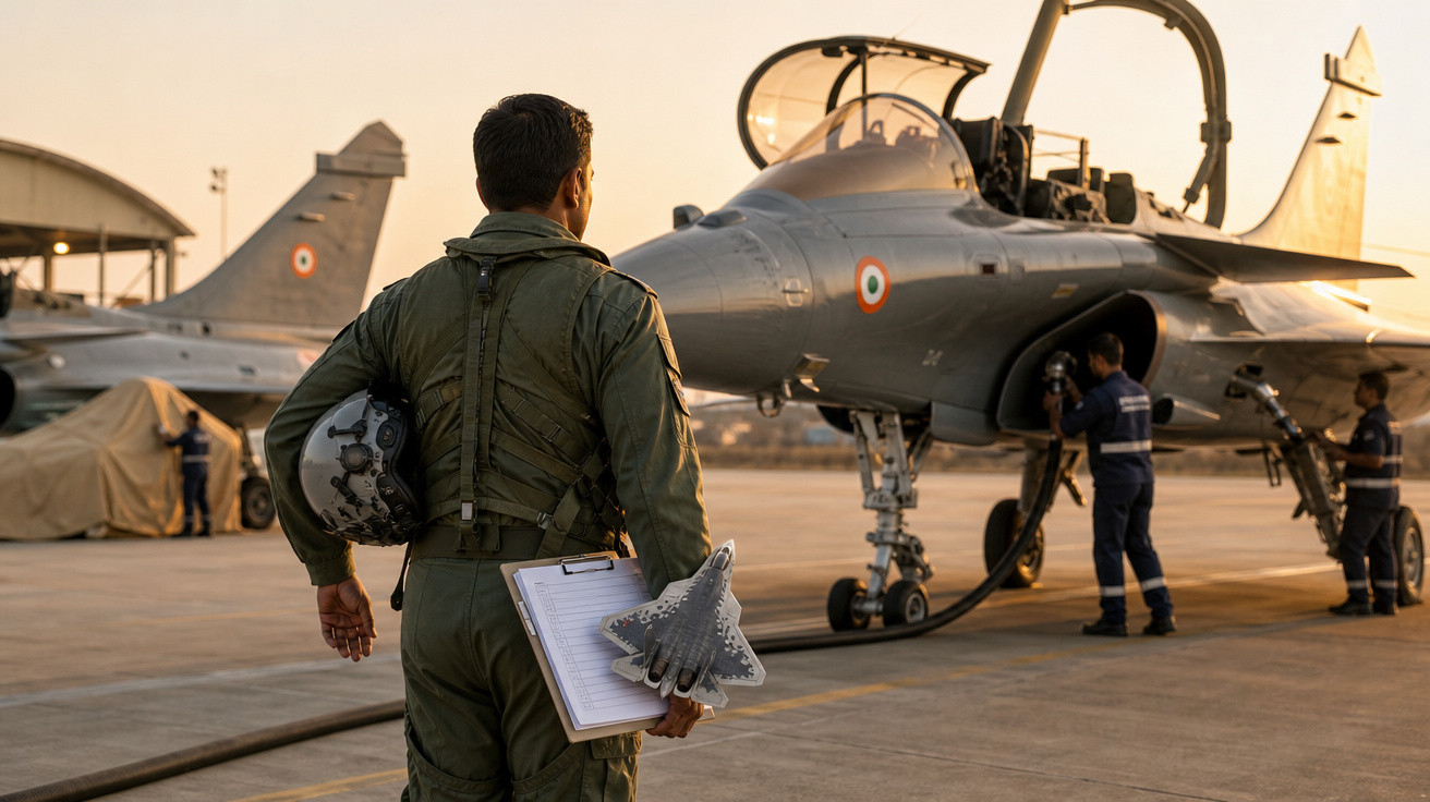 Piloto militar de costas com capacete e prancheta observa avião de caça na pista ao pôr do sol.