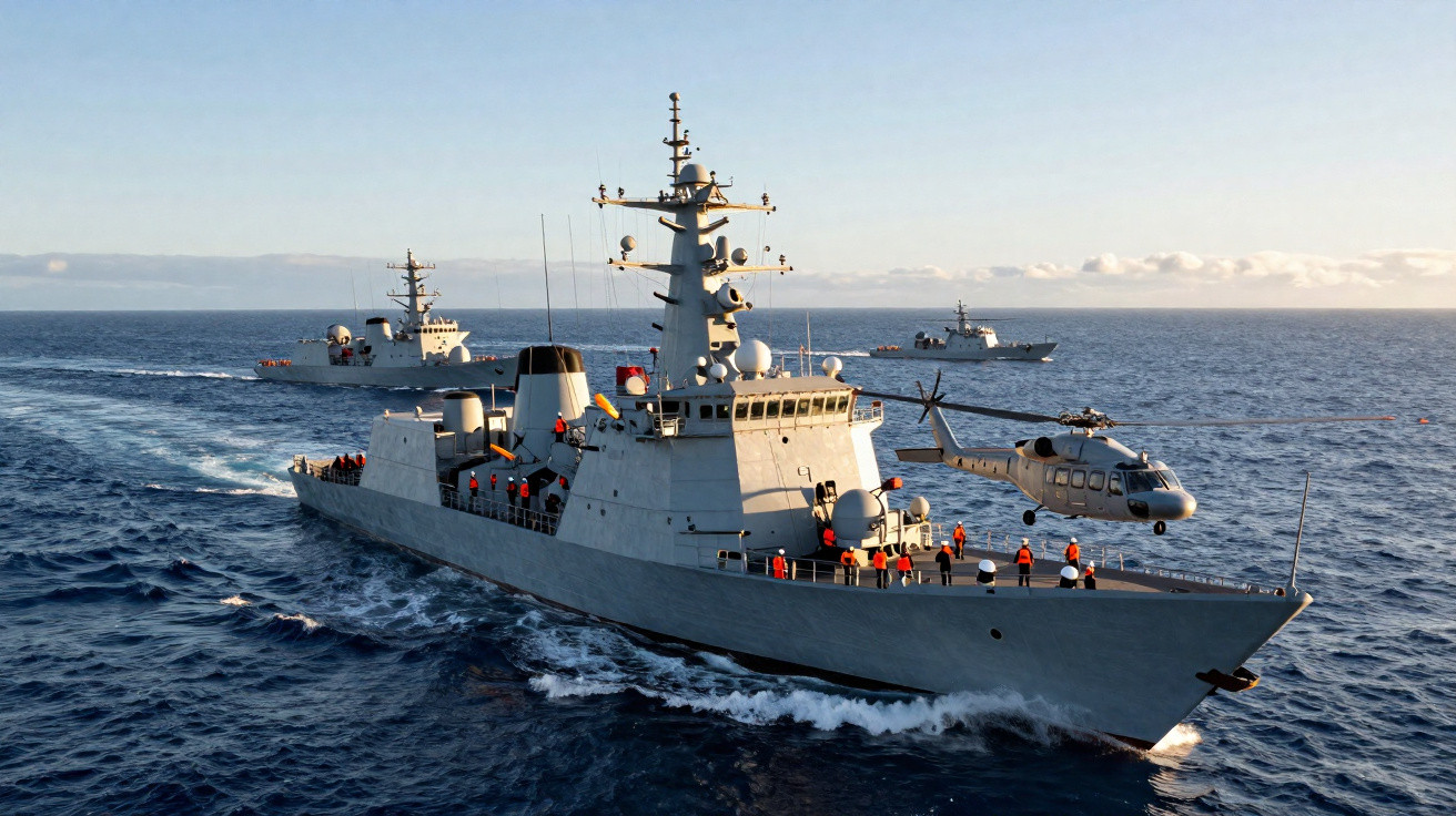 Cruzador naval com tripulação na proa e helicóptero pousando, acompanhado por dois navios de guerra no mar.