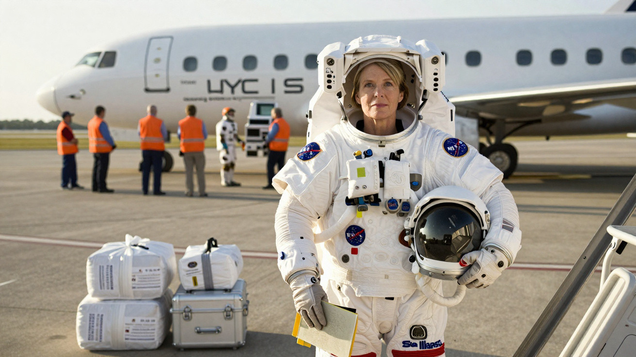 Astronauta feminina em traje espacial segurando capacete, com avião e equipe ao fundo em aeroporto.