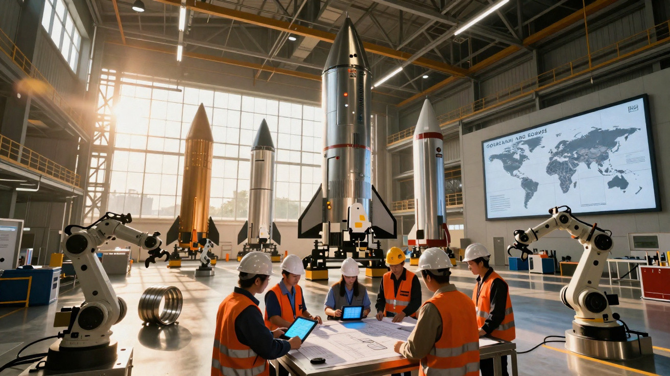 Equipe de engenheiros em coletes e capacetes revisa projetos em laboratório com foguetes e robôs industriais.