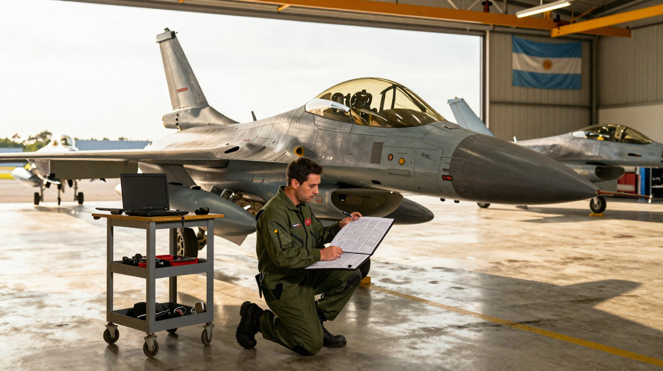Homem em uniforme verde revisa documentos ajoelhado ao lado de caça F-16 em hangar com bandeira da Argentina.