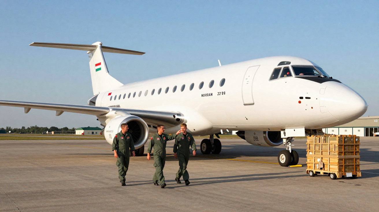Avião militar branco estacionado em pista com três tripulantes caminhando ao lado e caixas de carga.