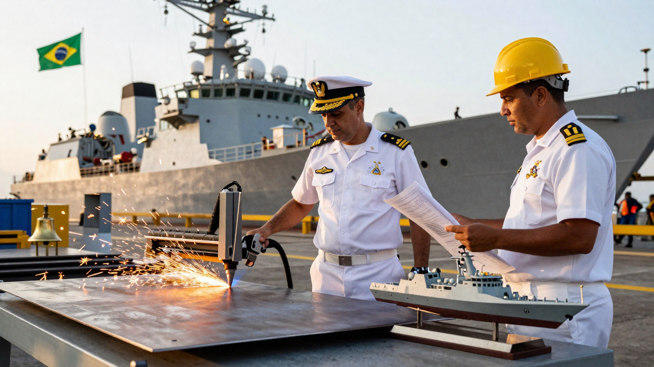 Dois oficiais da Marinha do Brasil, um usando capacete amarelo, operam máquina cortando chapa de metal próximo a modelo de na
