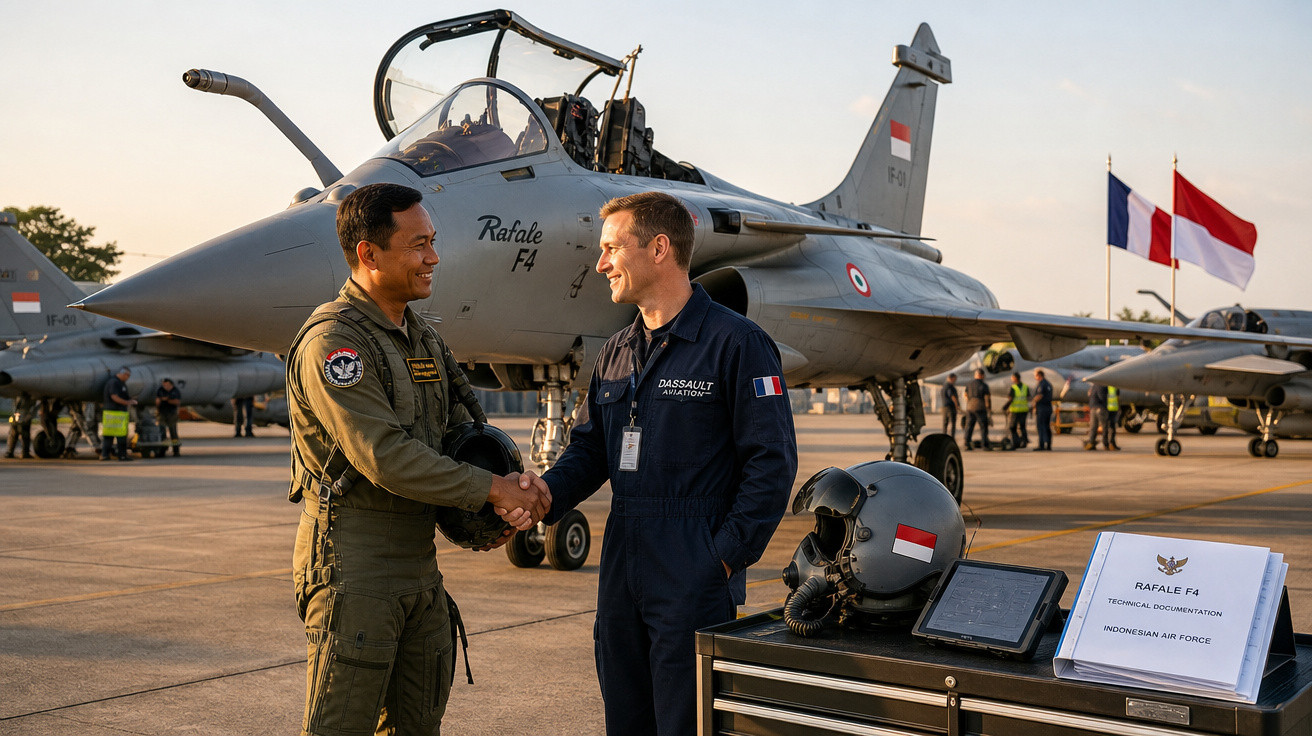 Dois pilotos militares apertam as mãos em frente a um caça Rafale F4, com bandeiras da França e Indonésia ao fundo.
