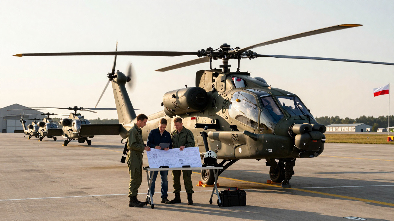 Três militares analisam planta em mesa próxima a helicópteros de ataque estacionados em aeródromo.